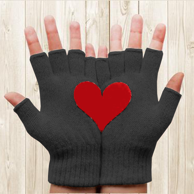 Women Woolen Cartoon Heart Outdoor Coldproof Half-finger Gloves